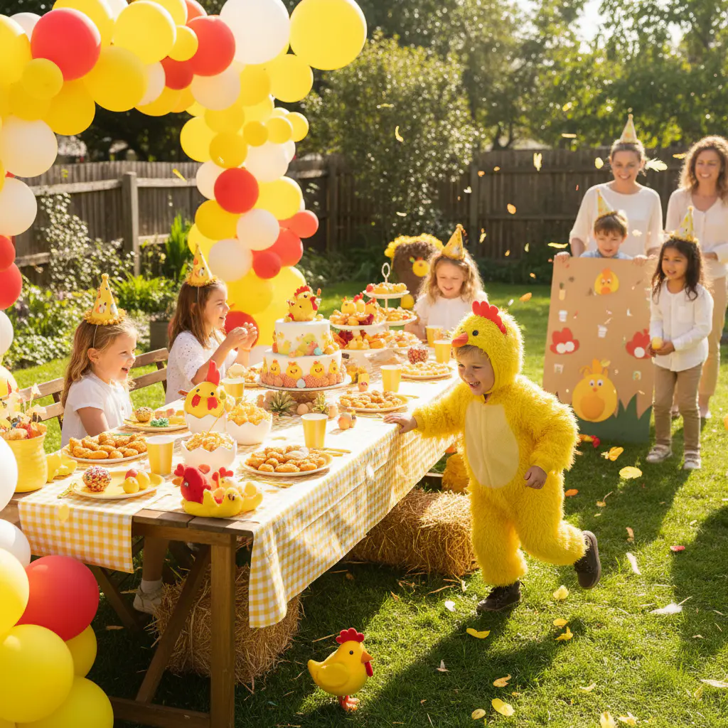 Kids having fun at a bright chicken themed party